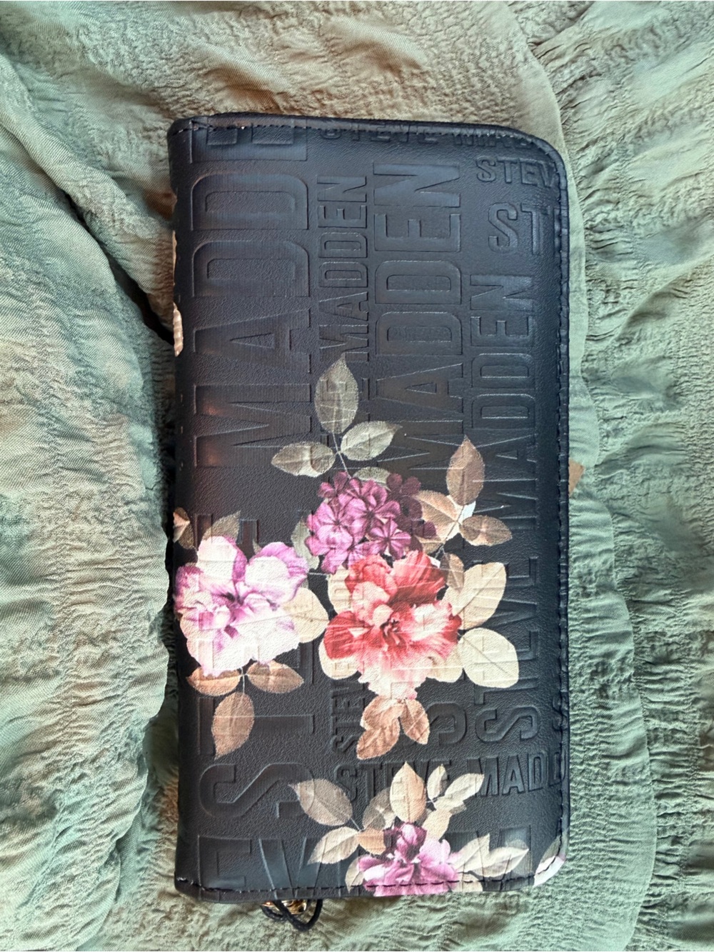 Steve Madden Black Floral Zip Wallet with Pink Accents